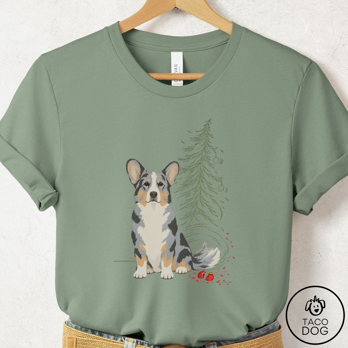 Cardigan Welsh Corgi Christmas Joy T-Shirt Sage Taco-Dog