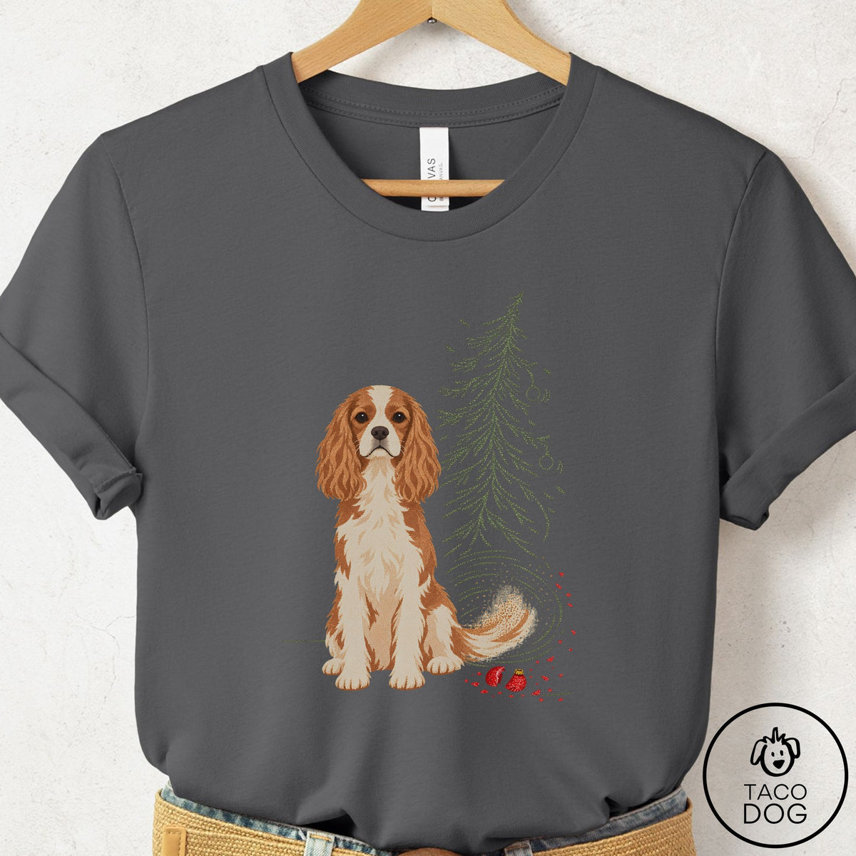 Cavalier King Charles Spaniel Christmas Joy T-Shirt Asphalt Taco-Dog