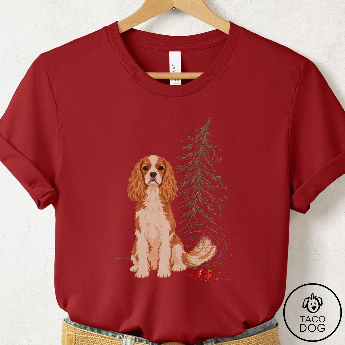 Cavalier King Charles Spaniel Christmas Joy T-Shirt Canvas Red Taco-Dog