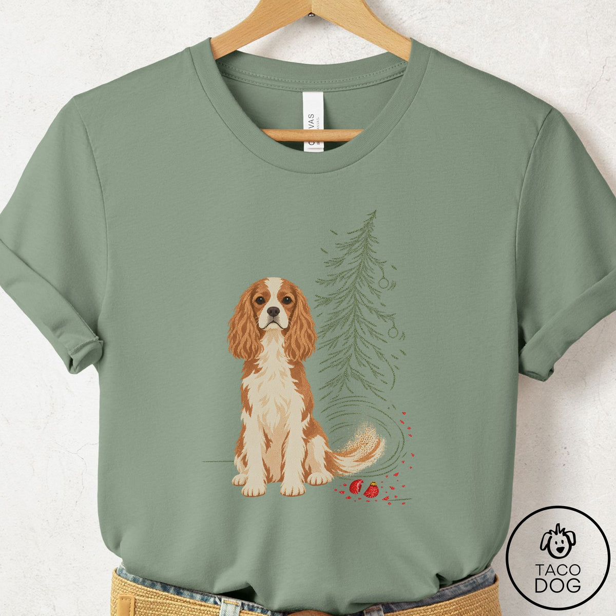 Cavalier King Charles Spaniel Christmas Joy T-Shirt Sage Taco-Dog