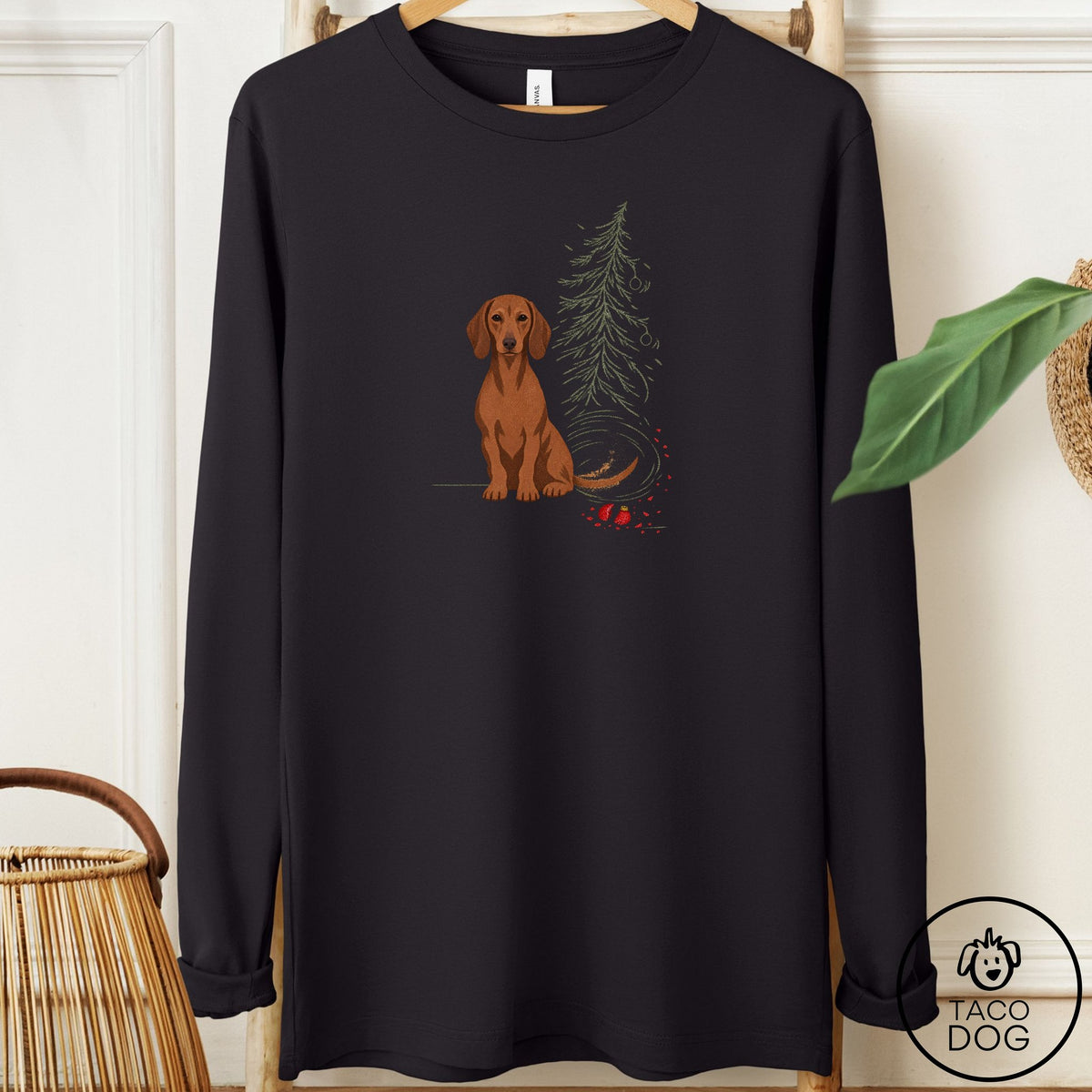 Dachshund Christmas Joy Long Sleeve Tee Black Taco-Dog