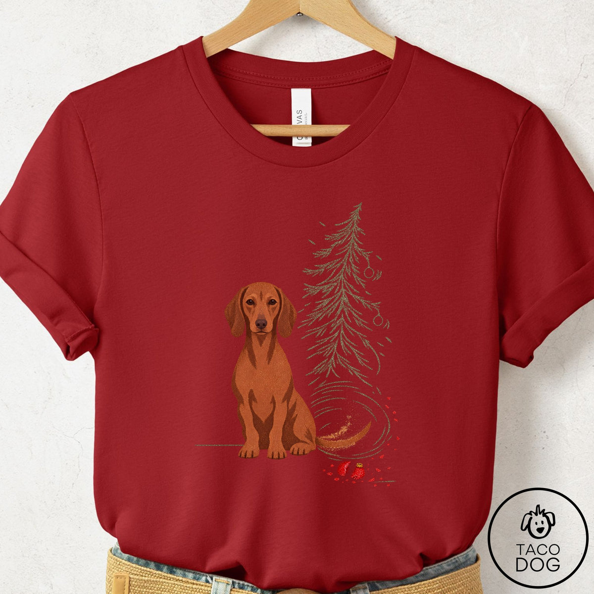 Dachshund Christmas Joy T-Shirt Canvas Red Taco-Dog