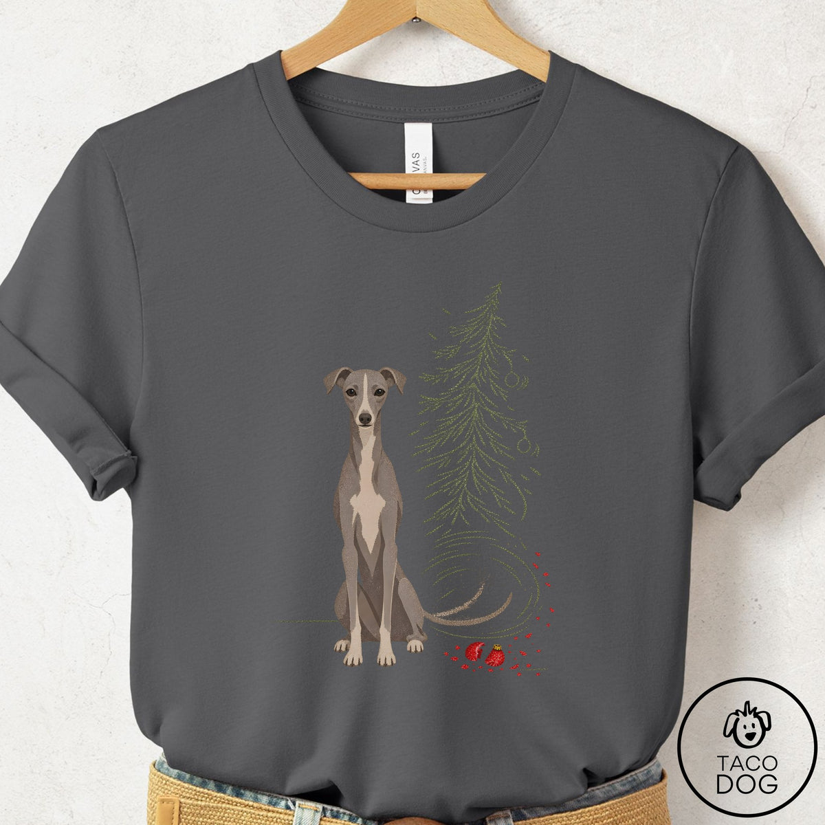 Italian Greyhound Whippet Christmas Joy T-Shirt, design close-up