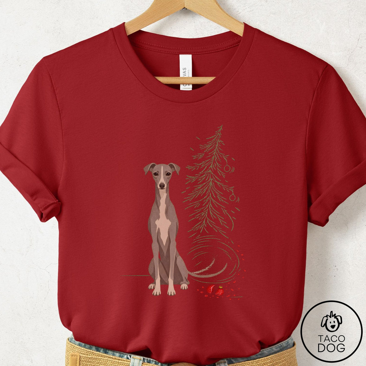 Italian Greyhound Whippet Christmas Joy T-Shirt Canvas Red Taco-Dog
