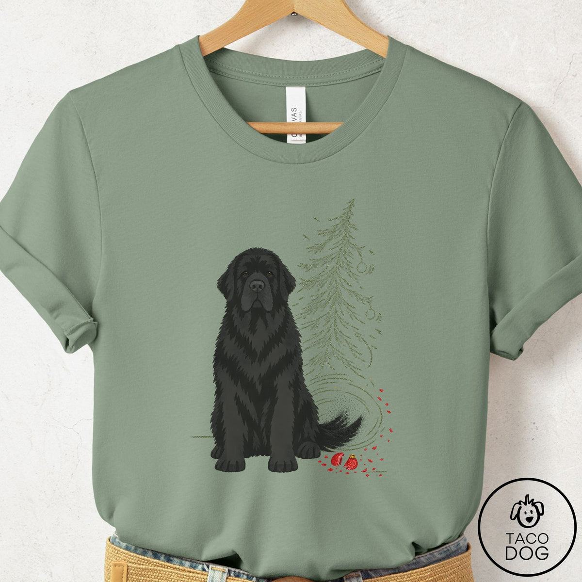 Newfoundland Christmas Joy T-Shirt Sage Taco-Dog