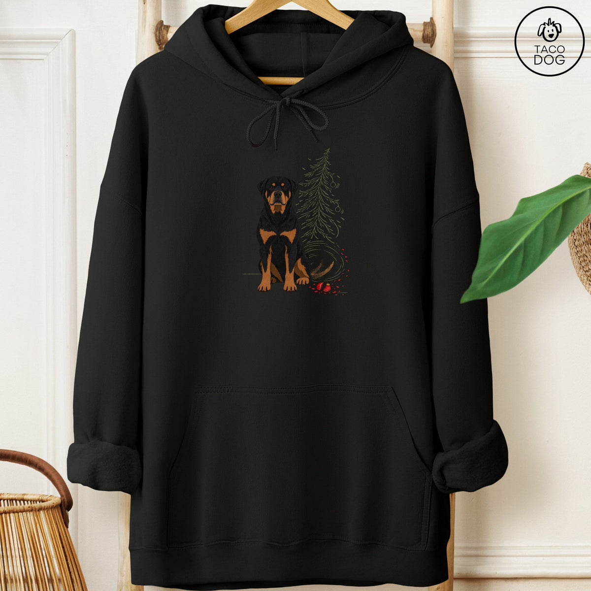 Rottweiler Christmas Joy Hoodie Black Taco-Dog