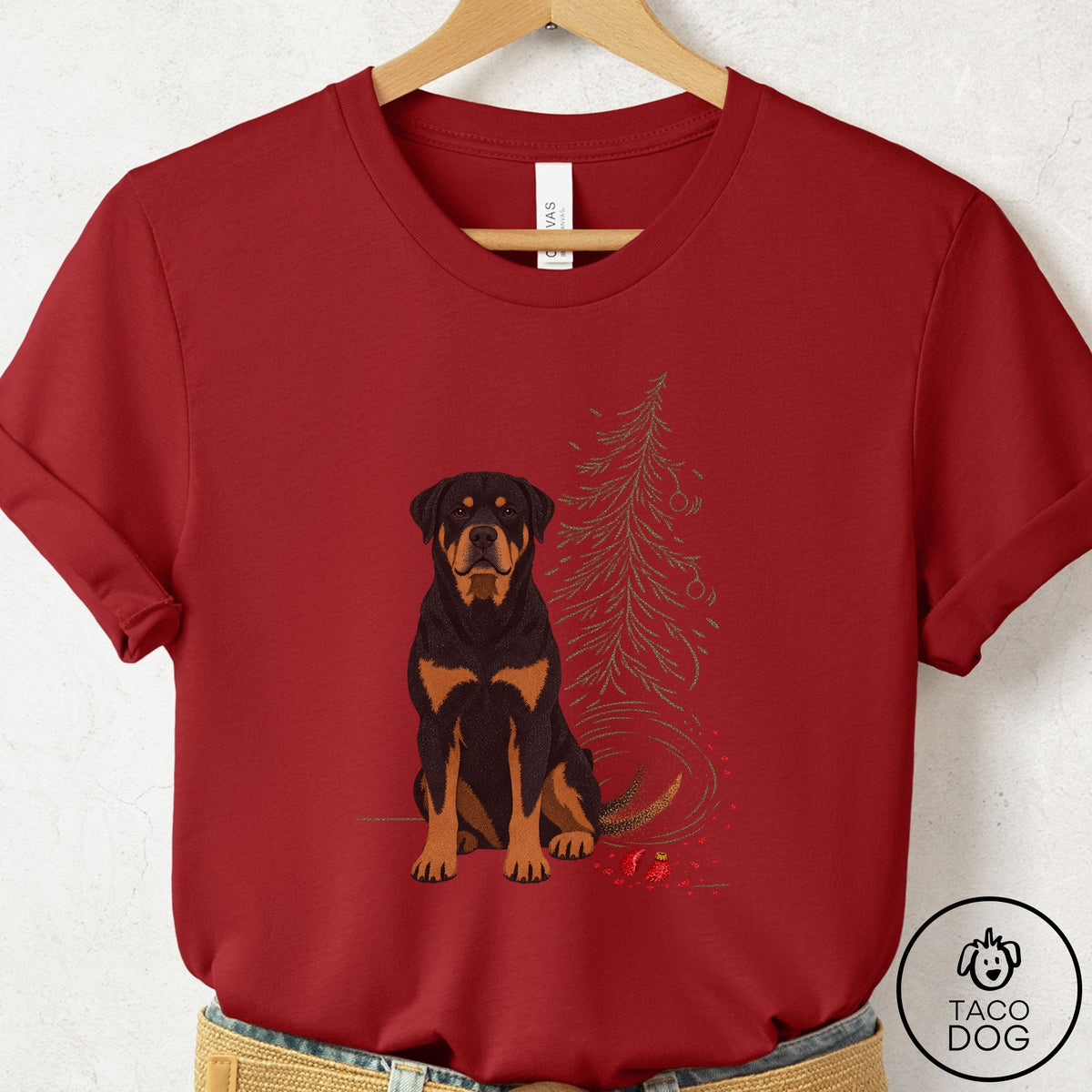 Rottweiler Christmas Joy T-Shirt Canvas Red Taco-Dog