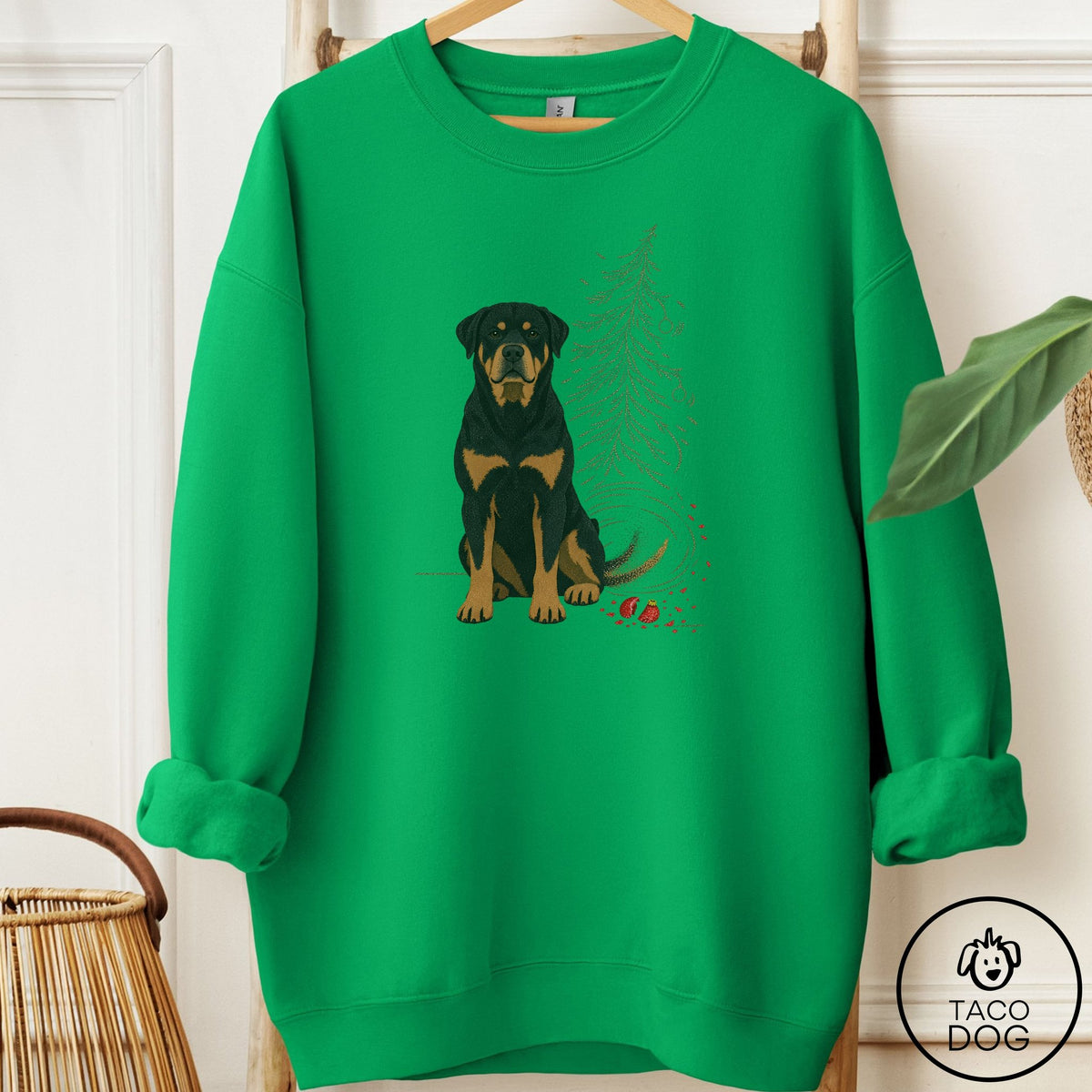 Rottweiler Christmas Joy Sweatshirt Irish Green Taco-Dog
