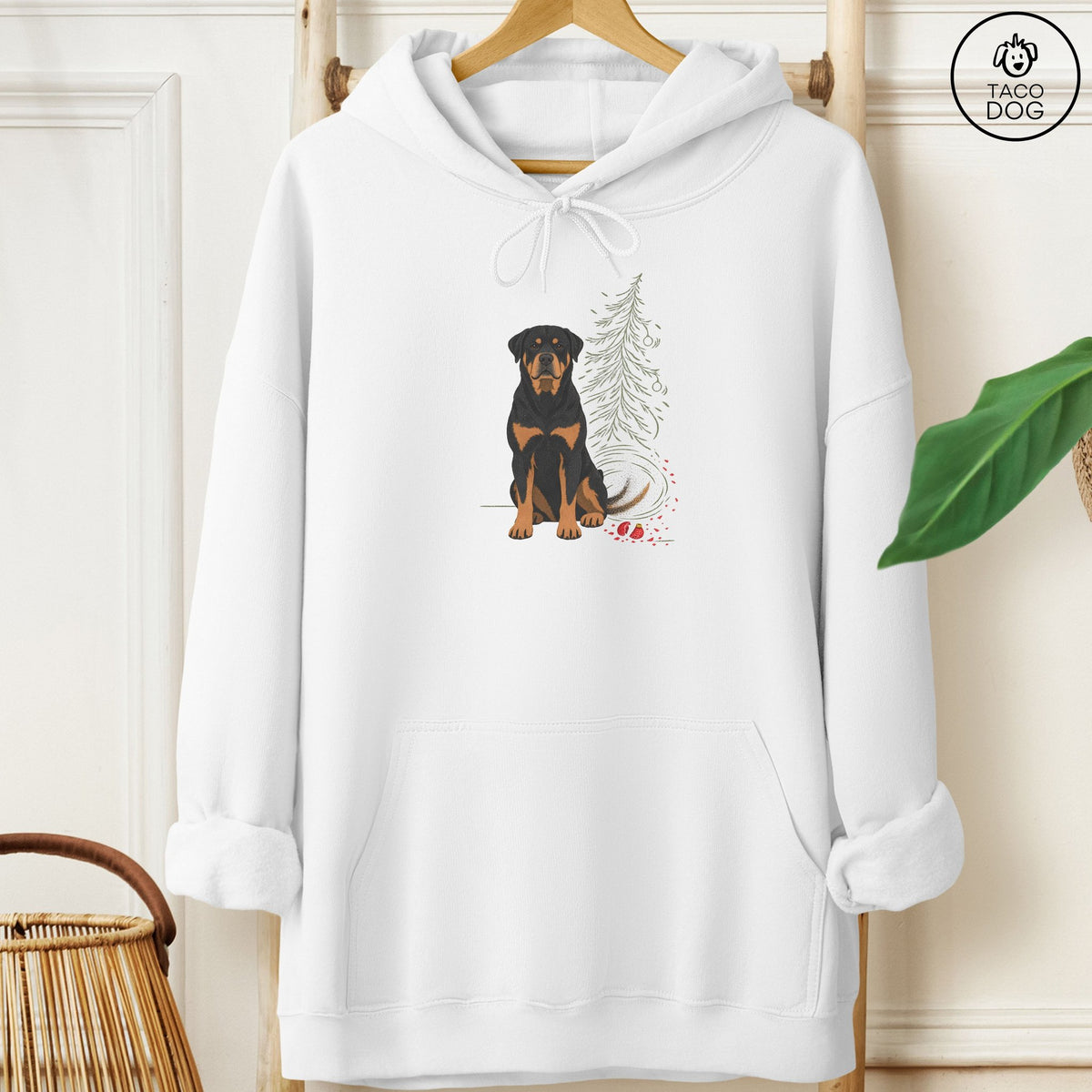 Rottweiler Christmas Joy Hoodie White Taco-Dog