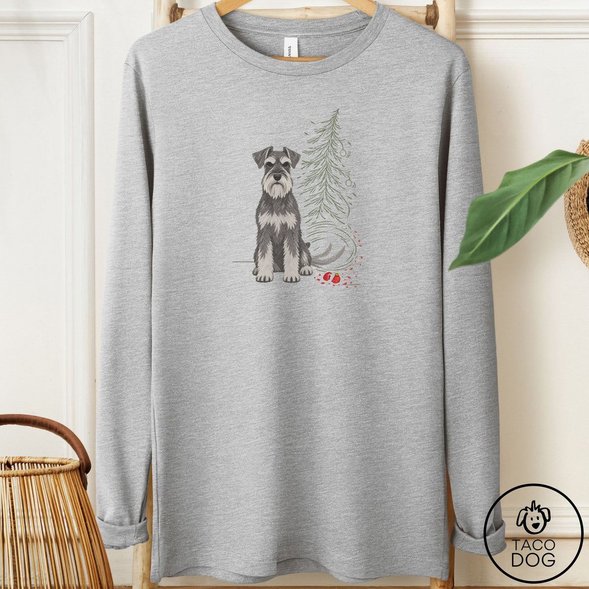 Schnauzer Christmas Joy Long Sleeve Tee Athletic Heather Taco-Dog