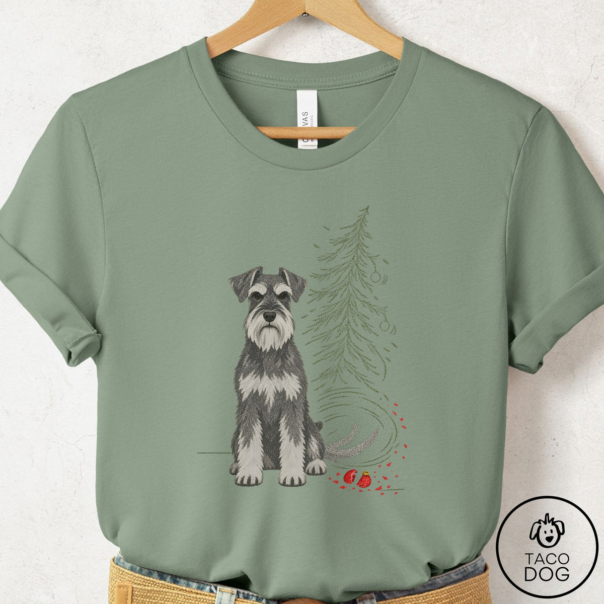 Schnauzer Christmas Joy T-Shirt Sage Taco-Dog