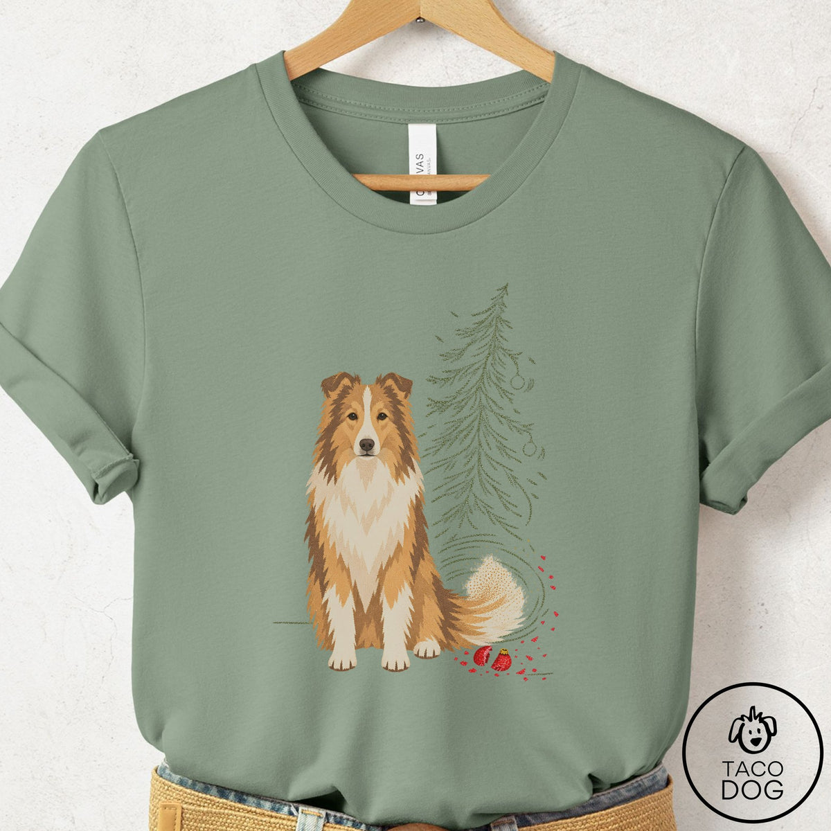 Shetland Sheepdog Christmas Joy T-Shirt Sage Taco-Dog
