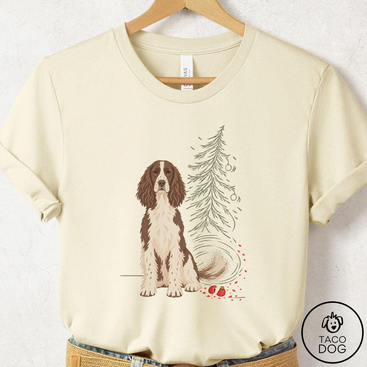 Springer Spaniel Christmas Joy T-Shirt Natural Taco-Dog