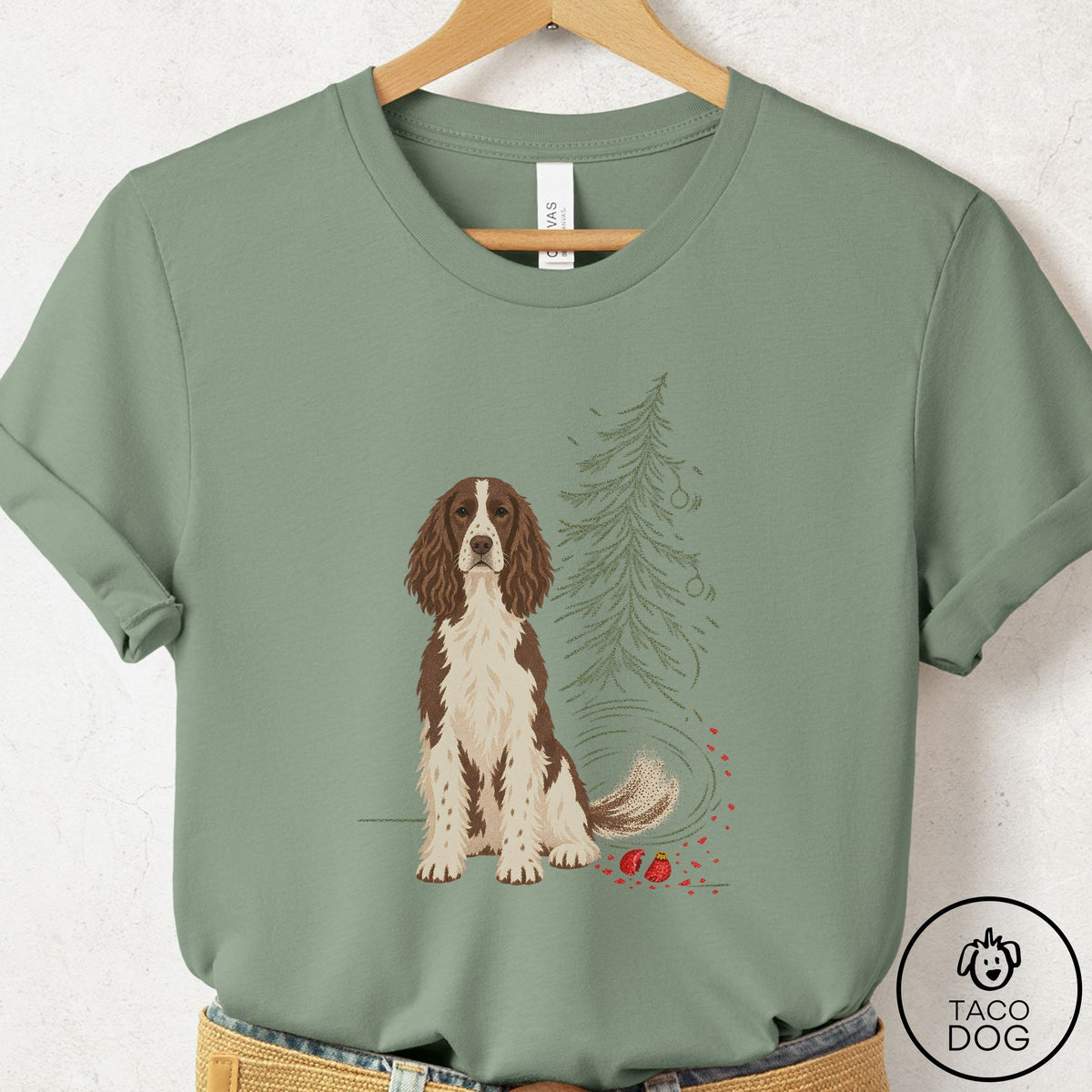 Springer Spaniel Christmas Joy T-Shirt Sage Taco-Dog