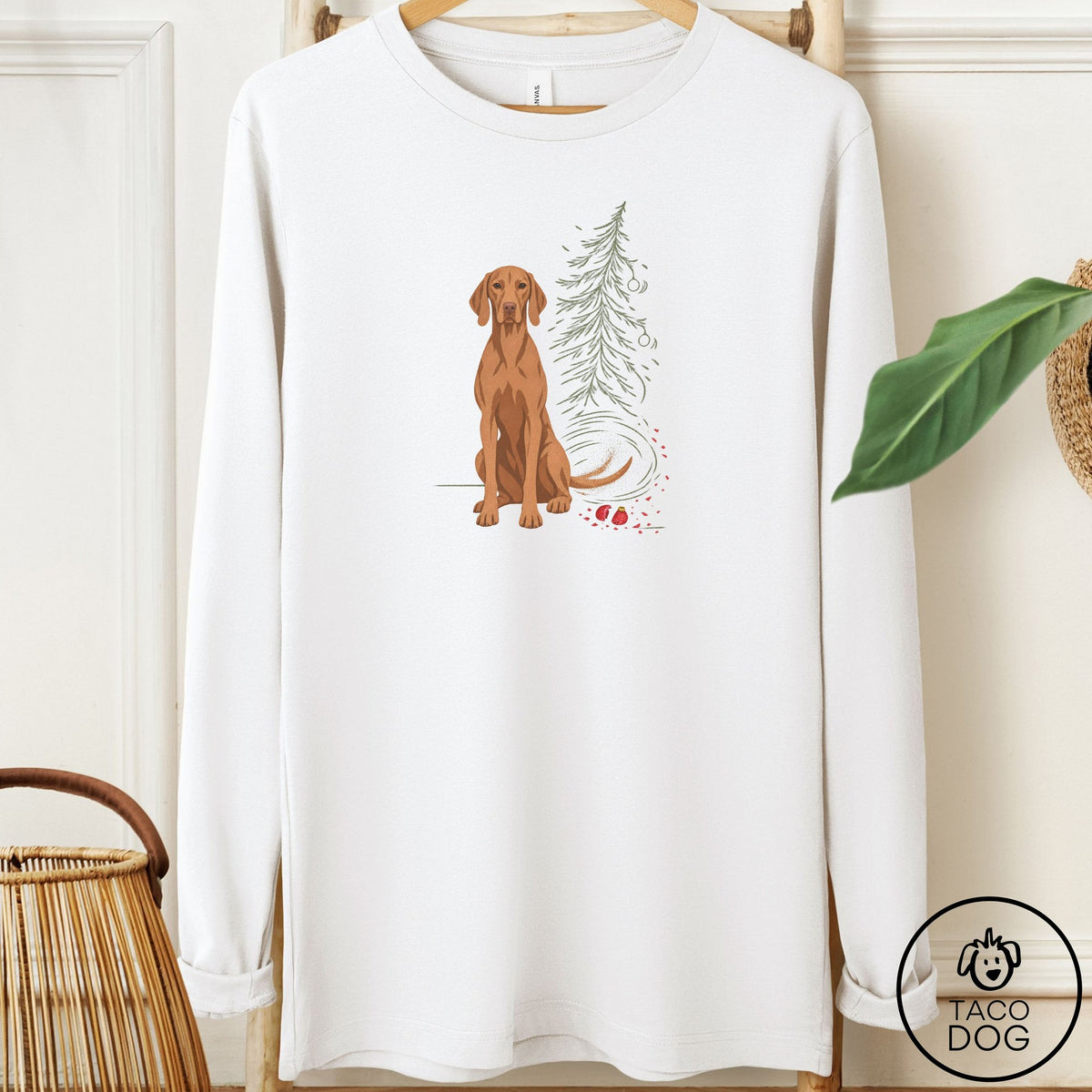 Vizsla Christmas Joy Long Sleeve Tee White Taco-Dog