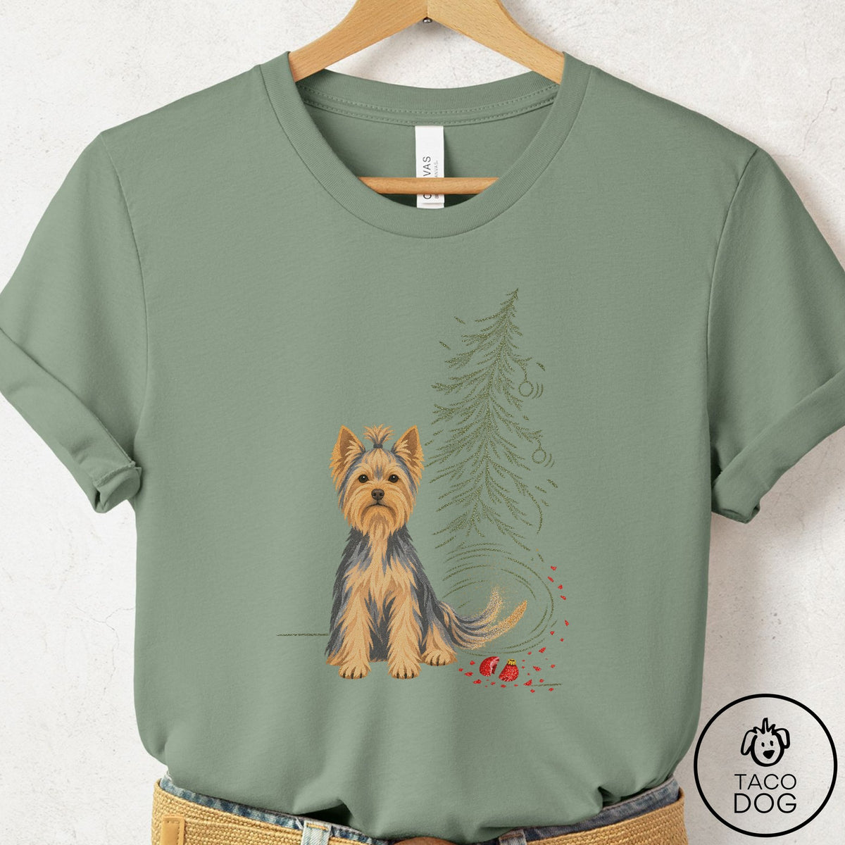 Yorkshire Terrier Yorkie Christmas Joy T-Shirt Sage Taco-Dog