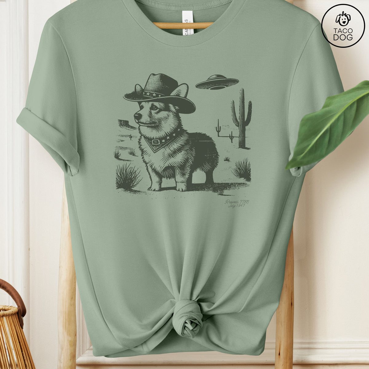 Corgi Cowboy Ink Space Cowboy UFO T-Shirt Sage Taco-Dog