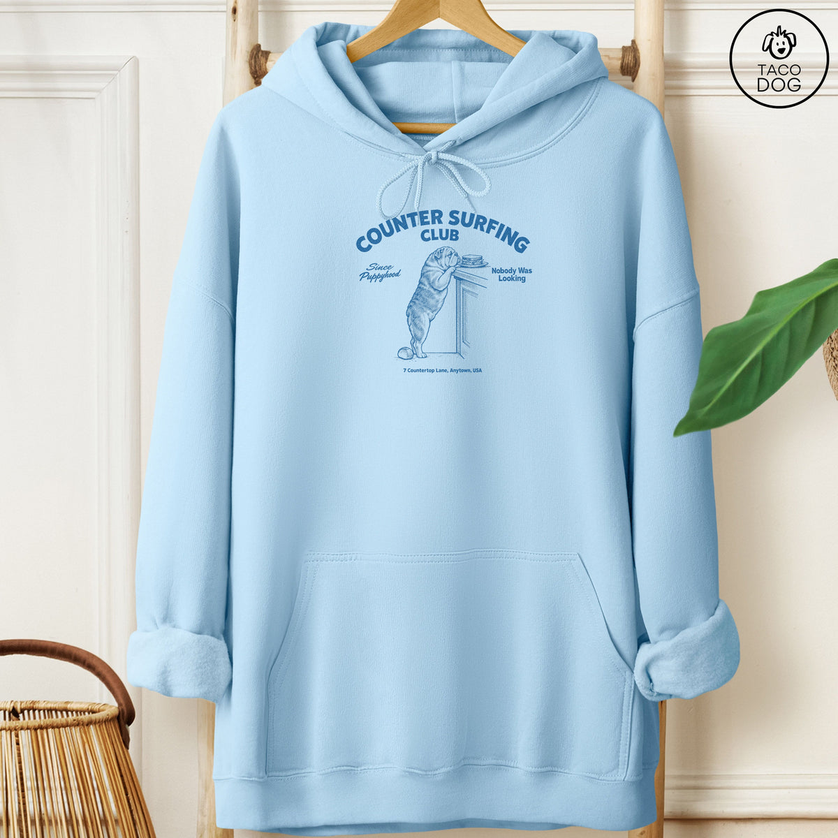 English Bulldog Counter Surfing Club Hoodie Light Blue Taco-Dog