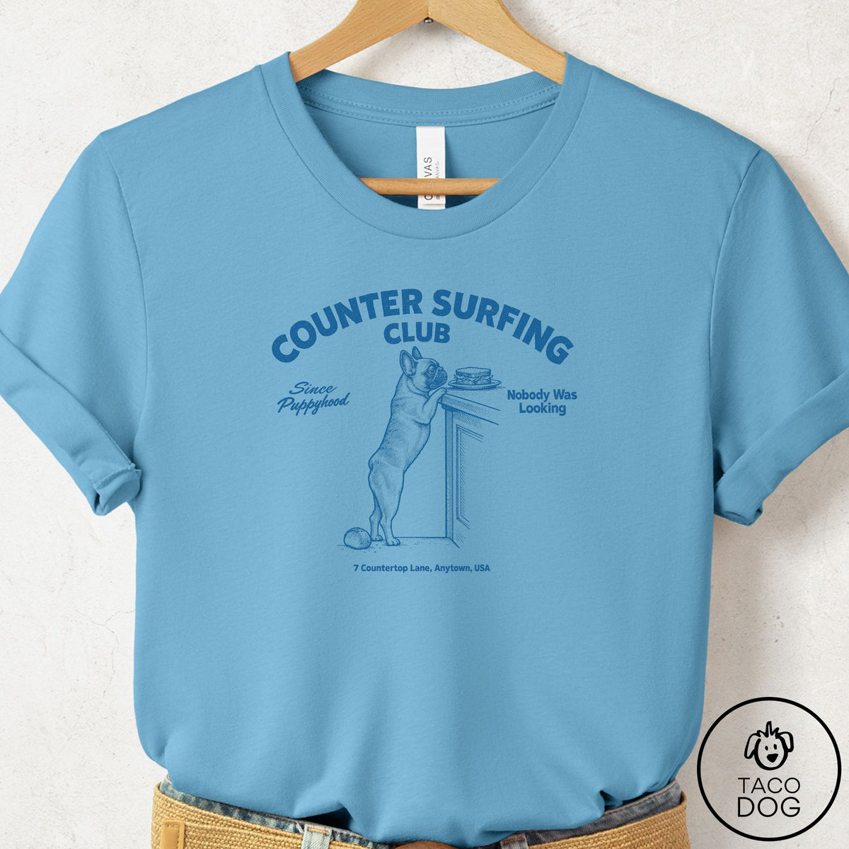 French Bulldog Frenchie Counter Surfing Club T-Shirt Ocean Blue S Taco-Dog