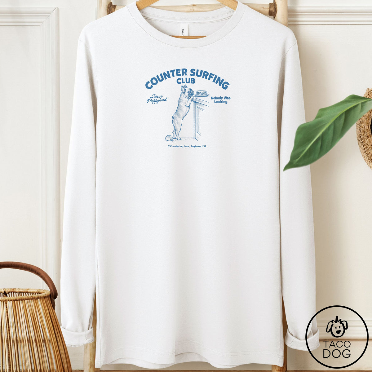 French Bulldog Frenchie Counter Surfing Club Long Sleeve Tee White Taco-Dog