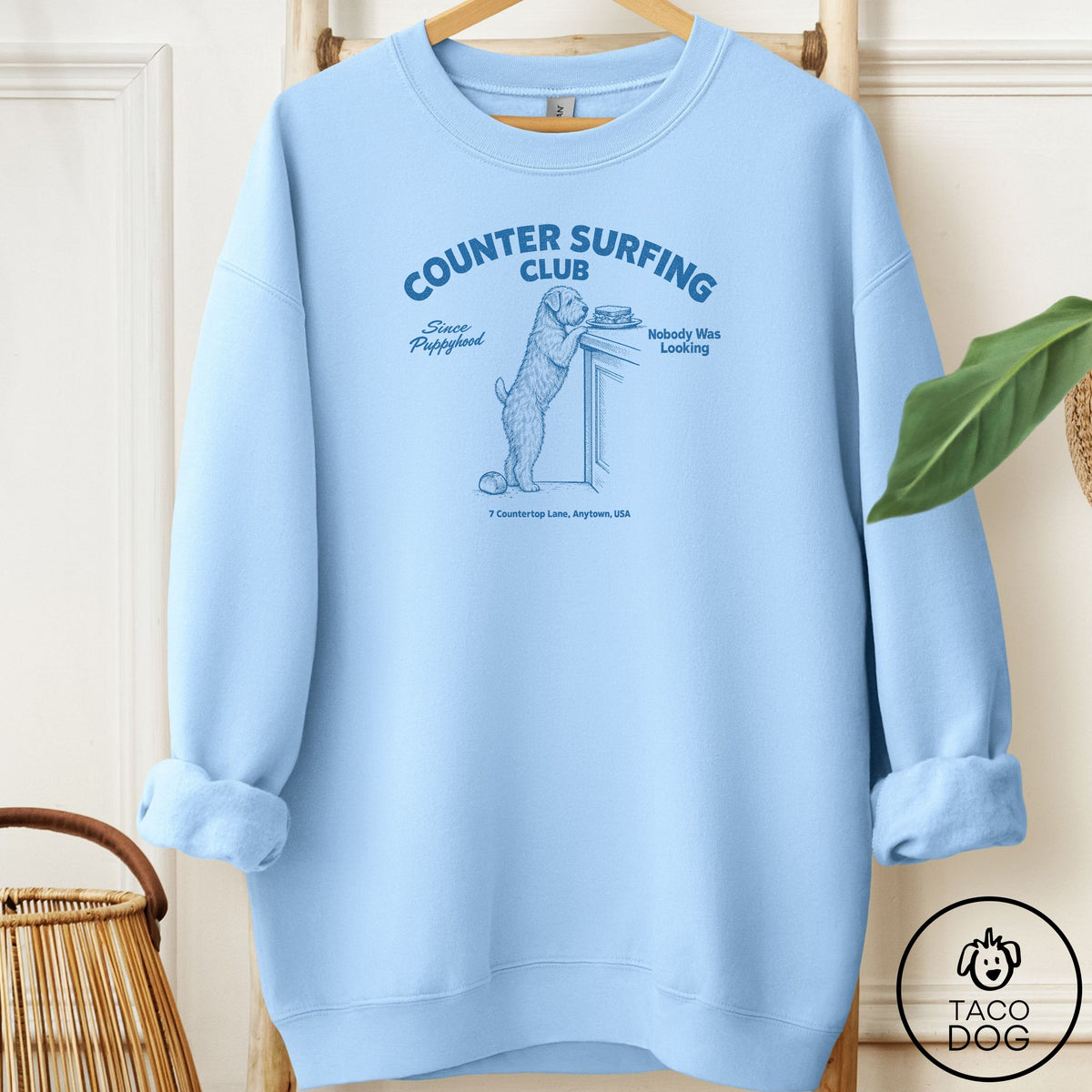 Wheaten Terrier Counter Surfing Club Sweatshirt Light Blue Taco-Dog