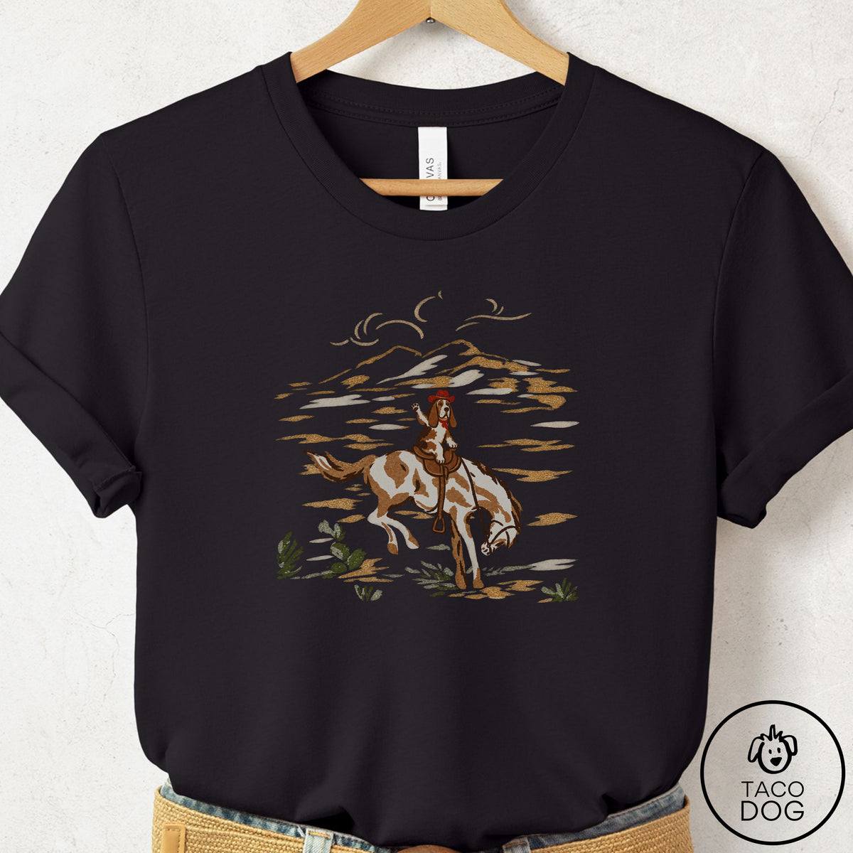 Basset Hound 1950s Cowboy T-Shirt Black Taco-Dog