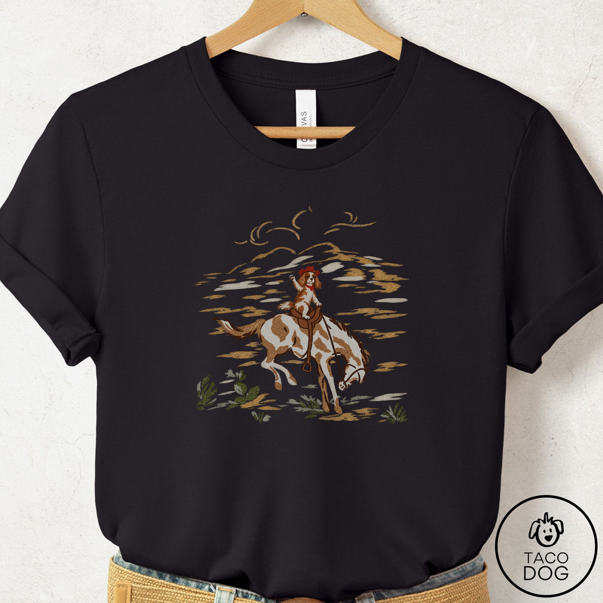 Cavalier King Charles Spaniel 1950s Cowboy T-Shirt Black Taco-Dog