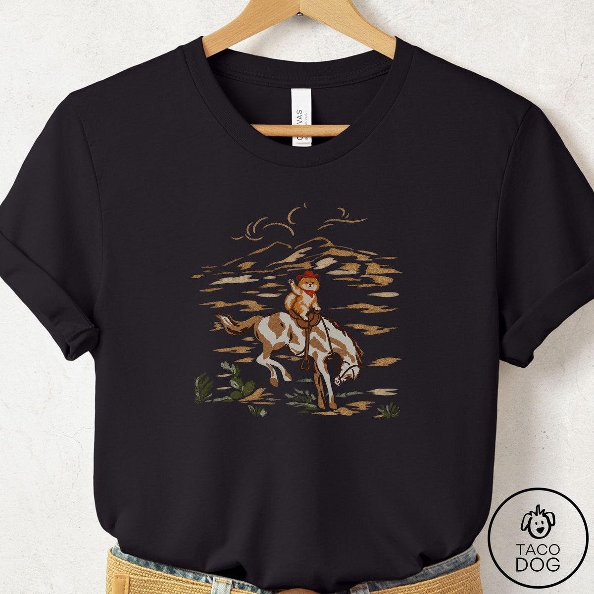 Pomeranian 1950s Cowboy T-Shirt Black Taco-Dog