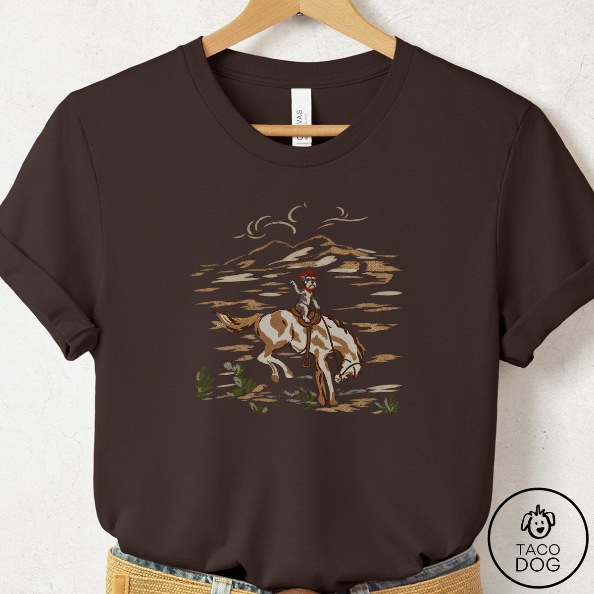Schnauzer 1950s Cowboy T-Shirt Brown Taco-Dog