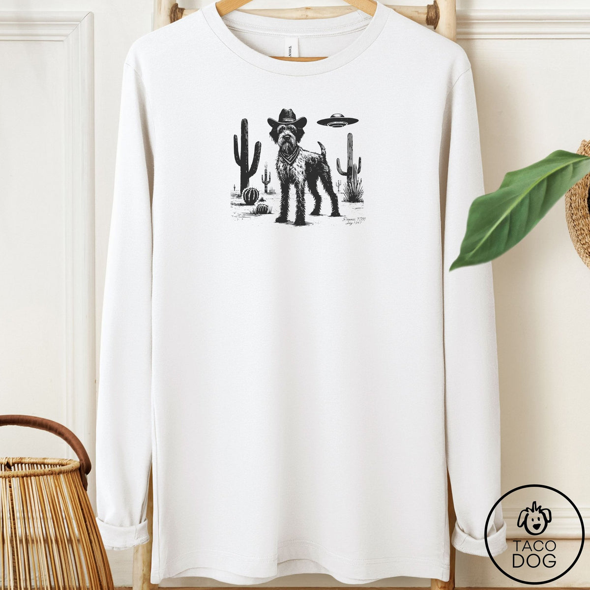 Wirehaired Pointing Griffon Cowboy UFO Long Sleeve Tee White Taco-Dog