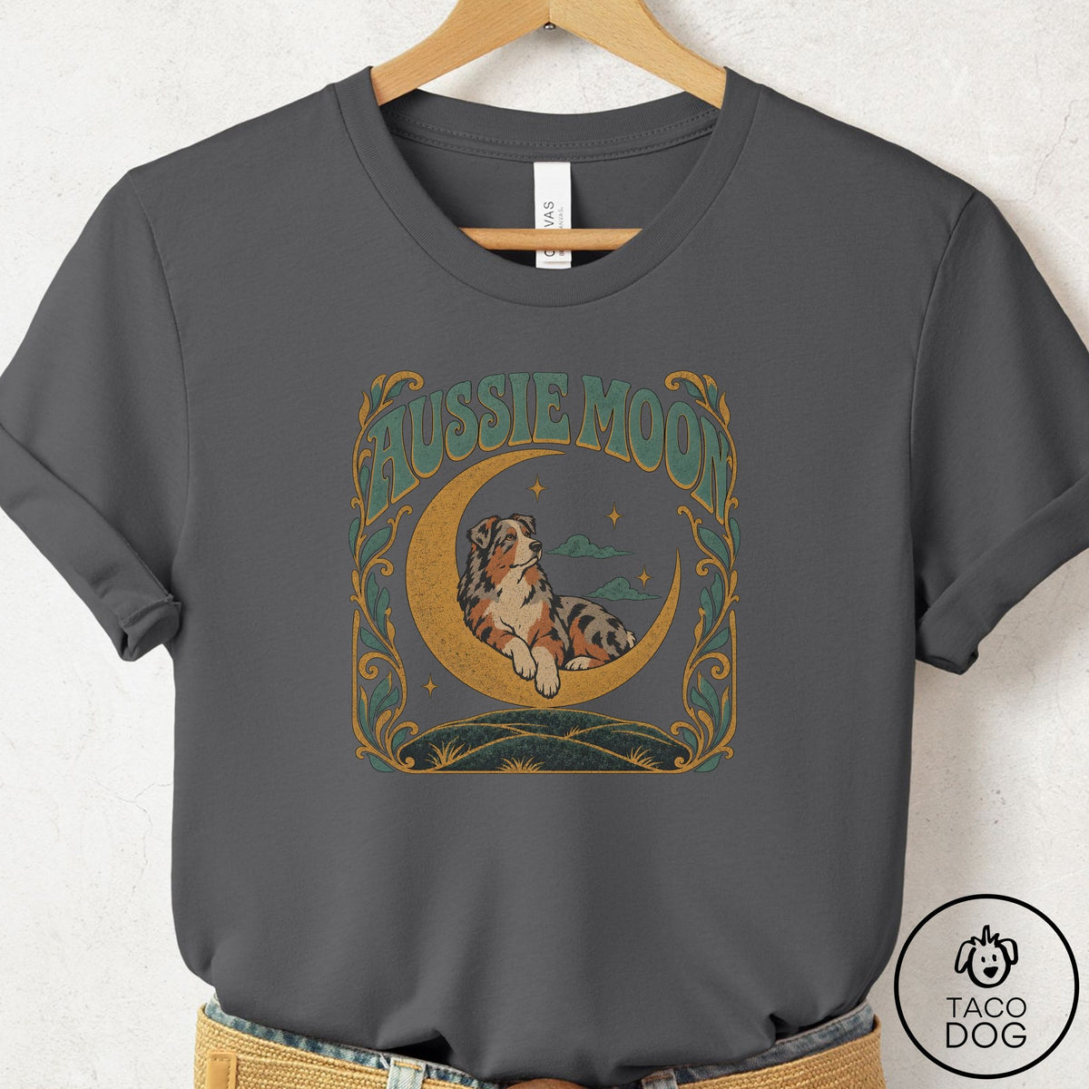 Australian Shepherd Crescent Moon T-Shirt Asphalt Taco-Dog