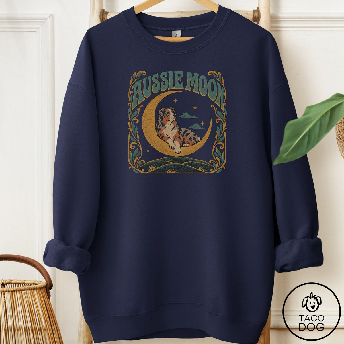 Australian Shepherd Crescent Moon Sweatshirt Navy Taco-Dog