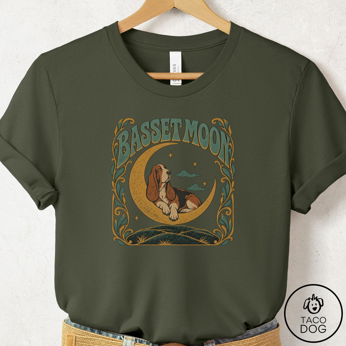 Basset Hound Crescent Moon T-Shirt Military Green Taco-Dog