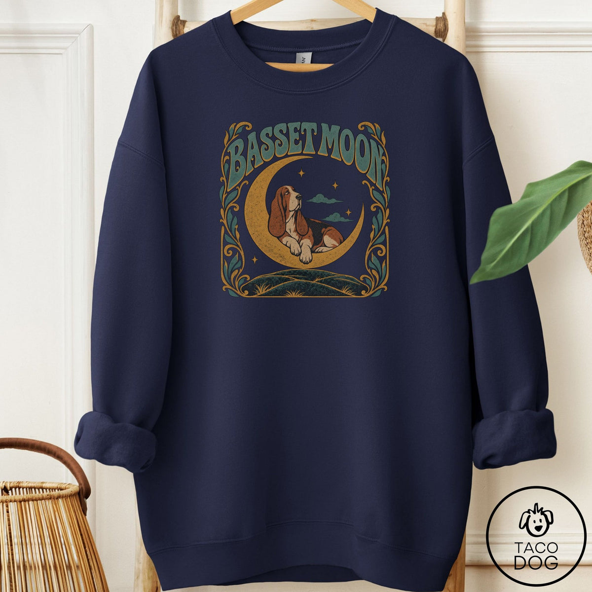 Basset Hound Crescent Moon Sweatshirt Navy Taco-Dog