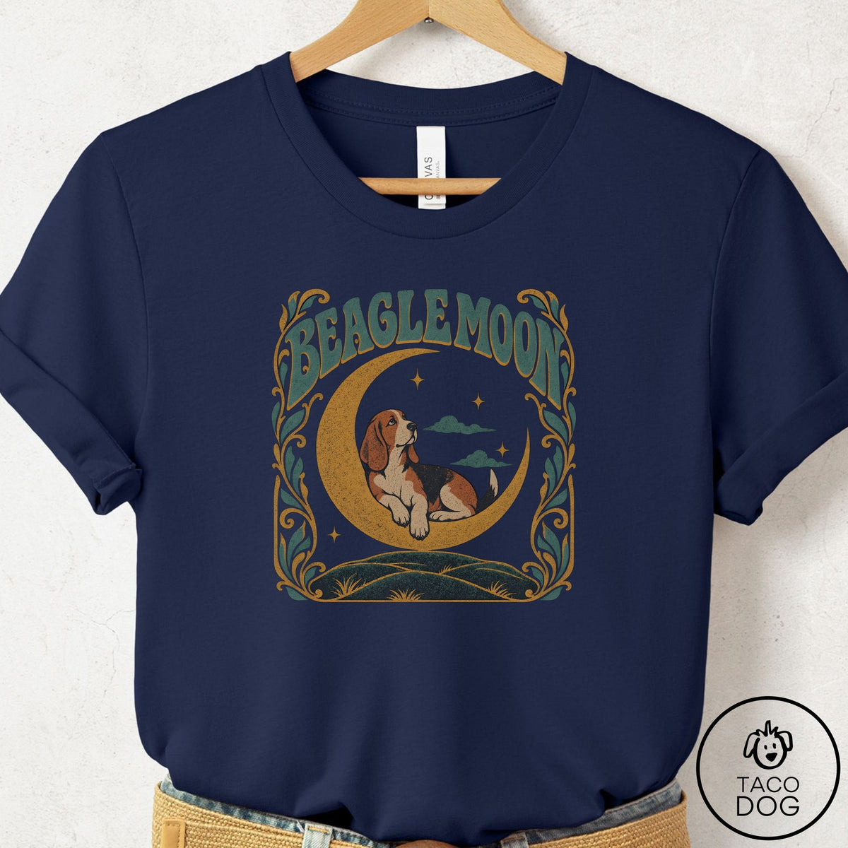 Beagle Crescent Moon T-Shirt Navy Taco-Dog