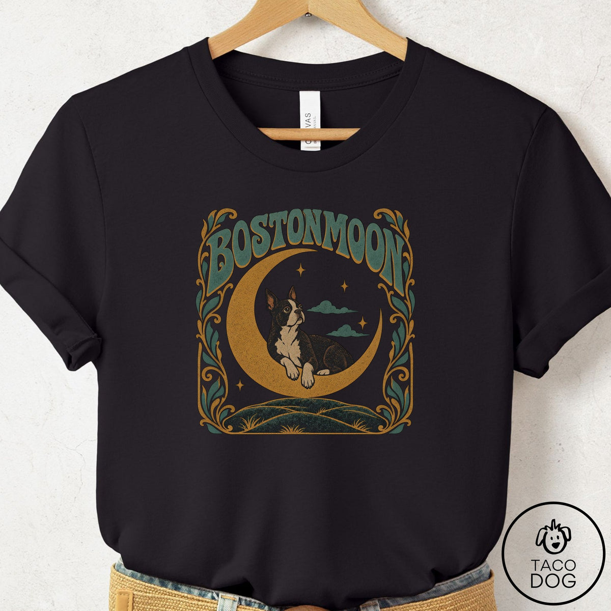 Boston Terrier Crescent Moon T-Shirt, design close-up