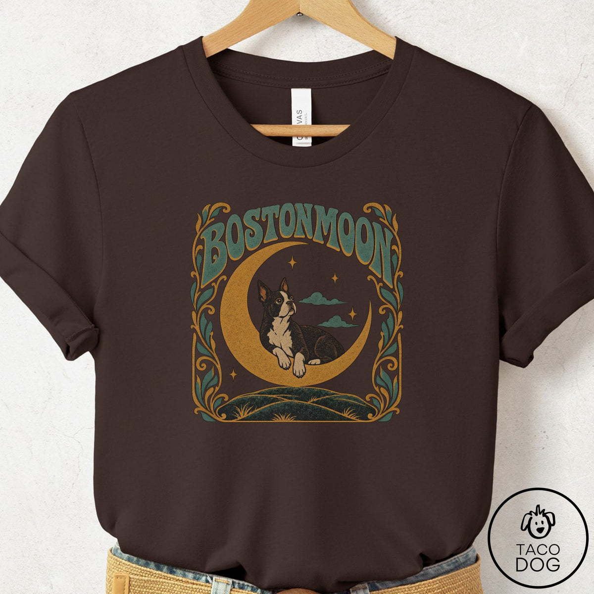 Boston Terrier Crescent Moon T-Shirt Brown Taco-Dog