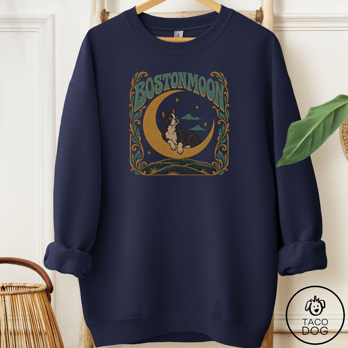 Boston Terrier Crescent Moon Sweatshirt Navy Taco-Dog