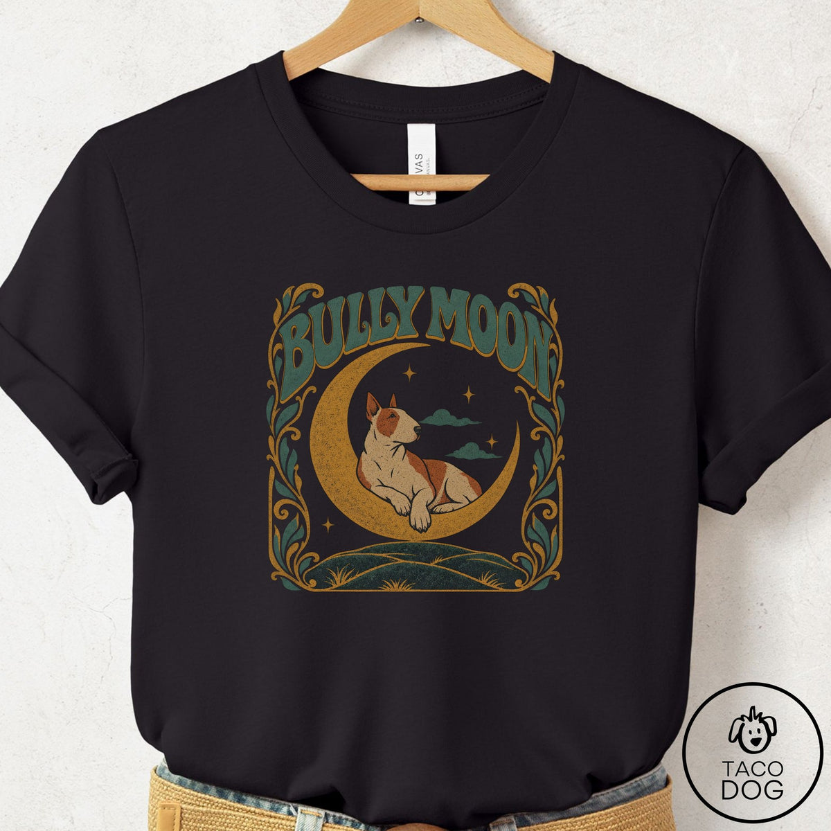 Bull Terrier Crescent Moon T-Shirt Black Taco-Dog