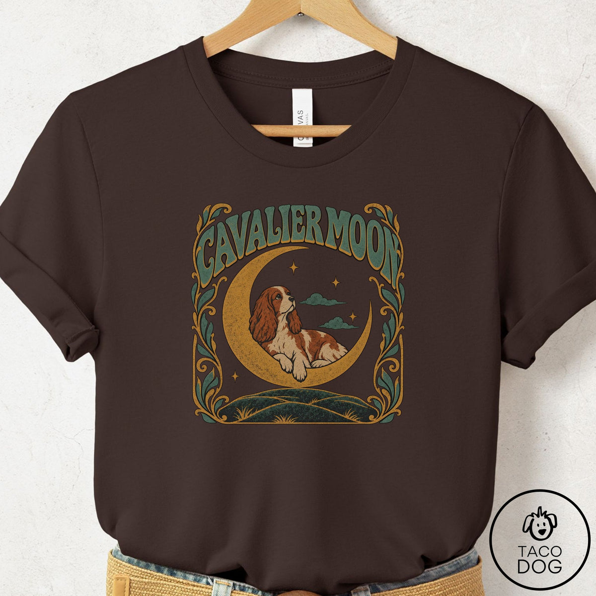 Cavalier King Charles Spaniel Crescent Moon T-Shirt Brown Taco-Dog