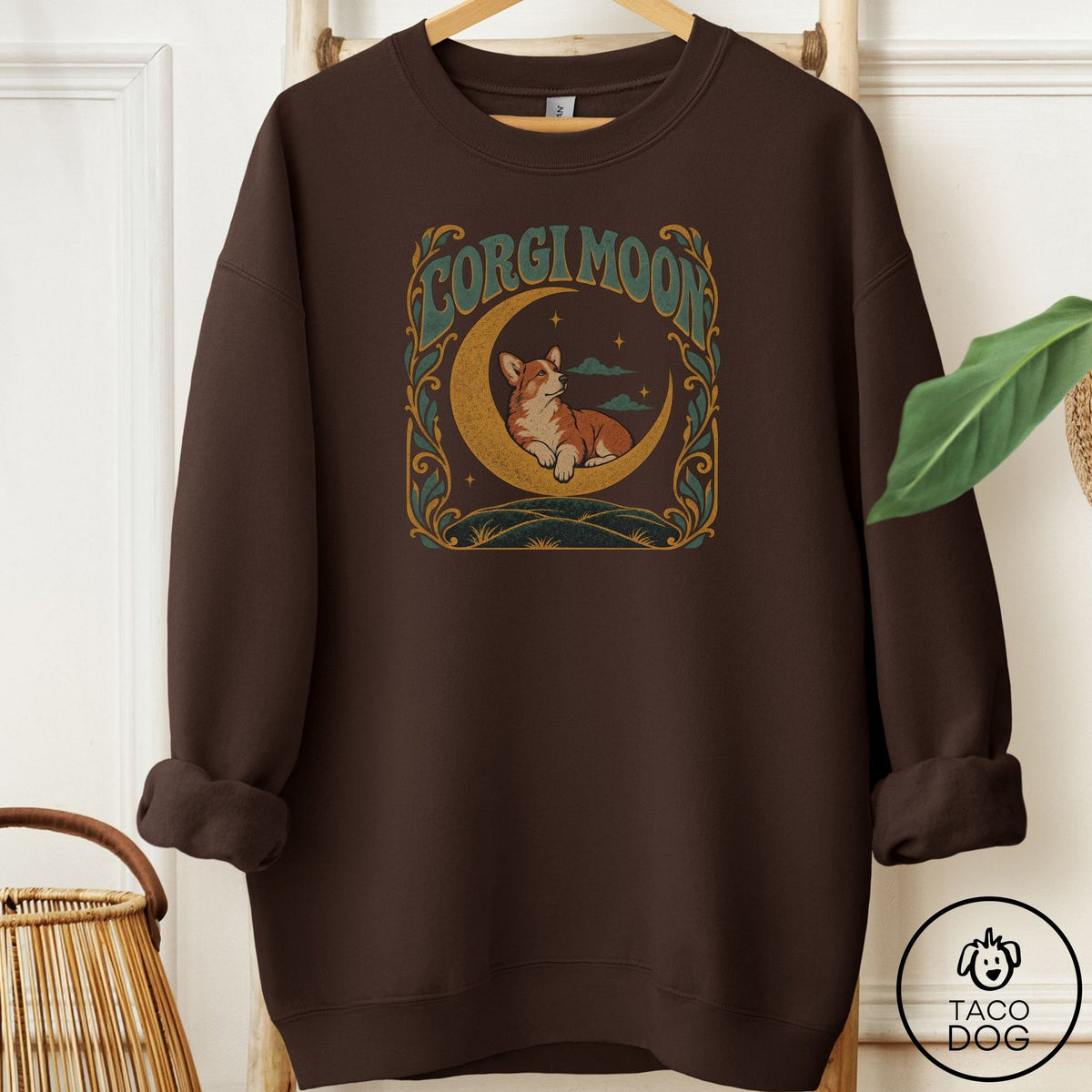 Corgi Crescent Moon Sweatshirt Dark Chocolate Taco-Dog
