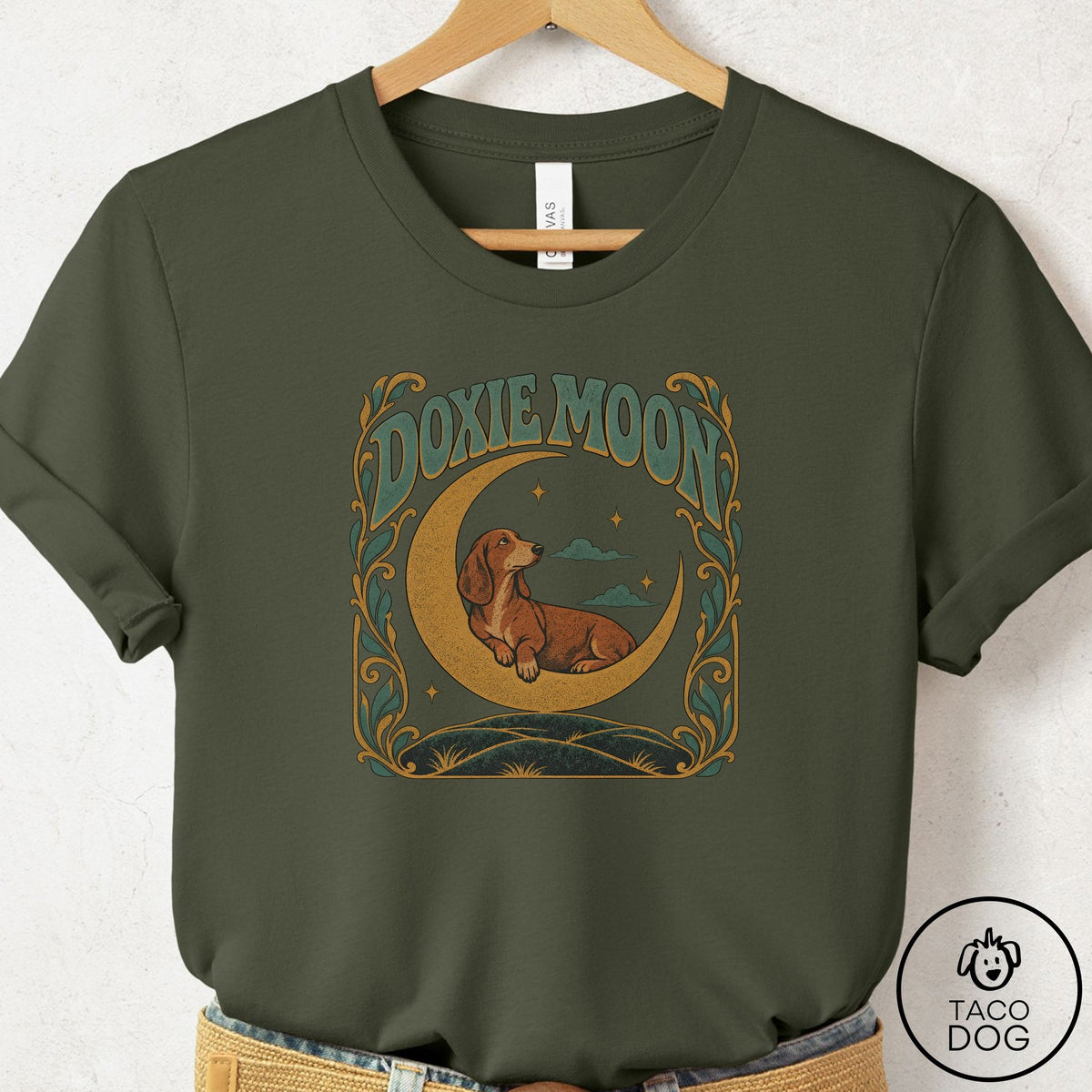 Dachshund Crescent Moon T-Shirt Military Green Taco-Dog