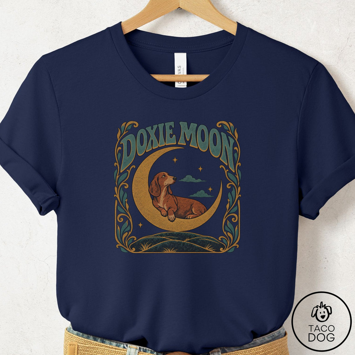 Dachshund Crescent Moon T-Shirt Navy Taco-Dog