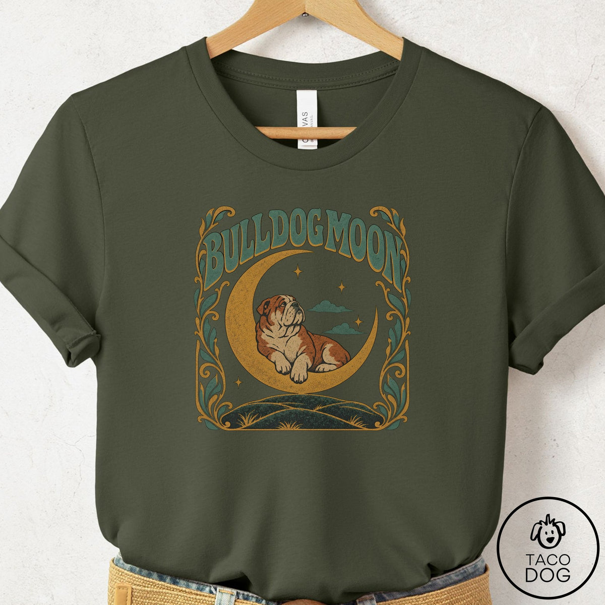 English Bulldog Crescent Moon T-Shirt Military Green Taco-Dog