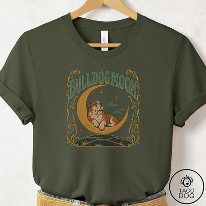 English Bulldog Crescent Moon T-Shirt Military Green Taco-Dog
