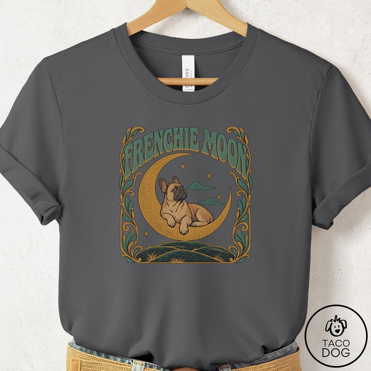 French Bulldog Frenchie Crescent Moon T-Shirt Asphalt Taco-Dog