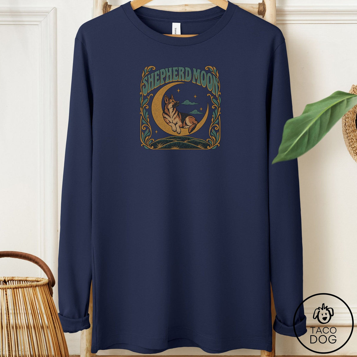 German Shepherd Crescent Moon Long Sleeve Tee Navy Taco-Dog