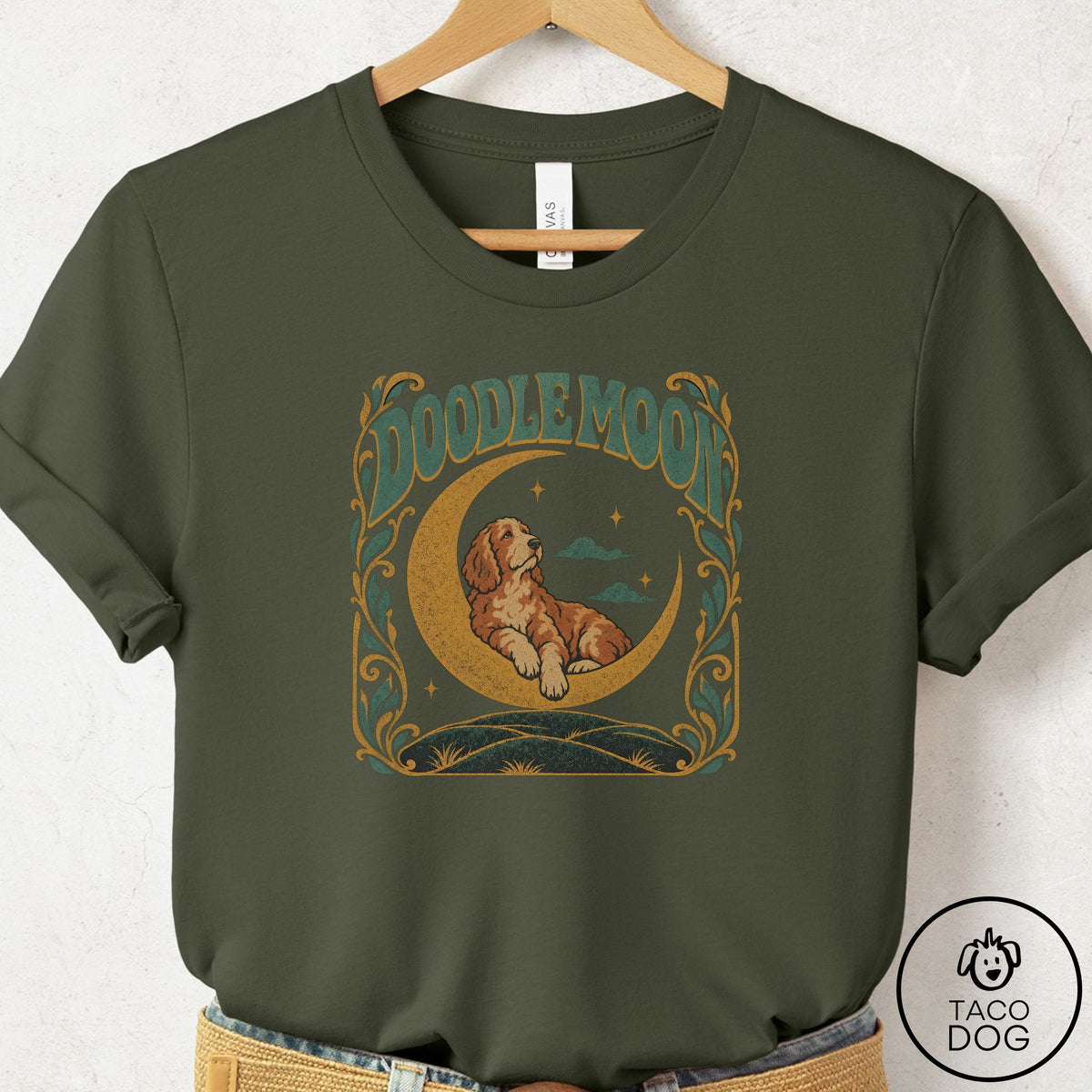Doodle Crescent Moon T-Shirt Military Green Taco-Dog
