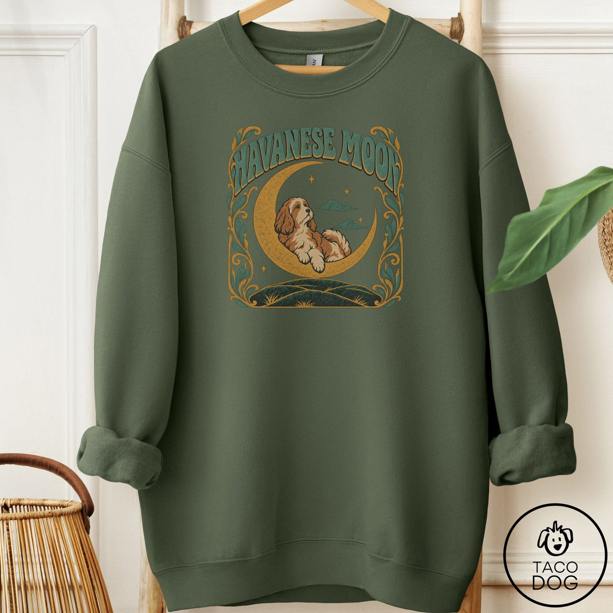 Havanese Crescent Moon Sweatshirt Military Green Taco-Dog