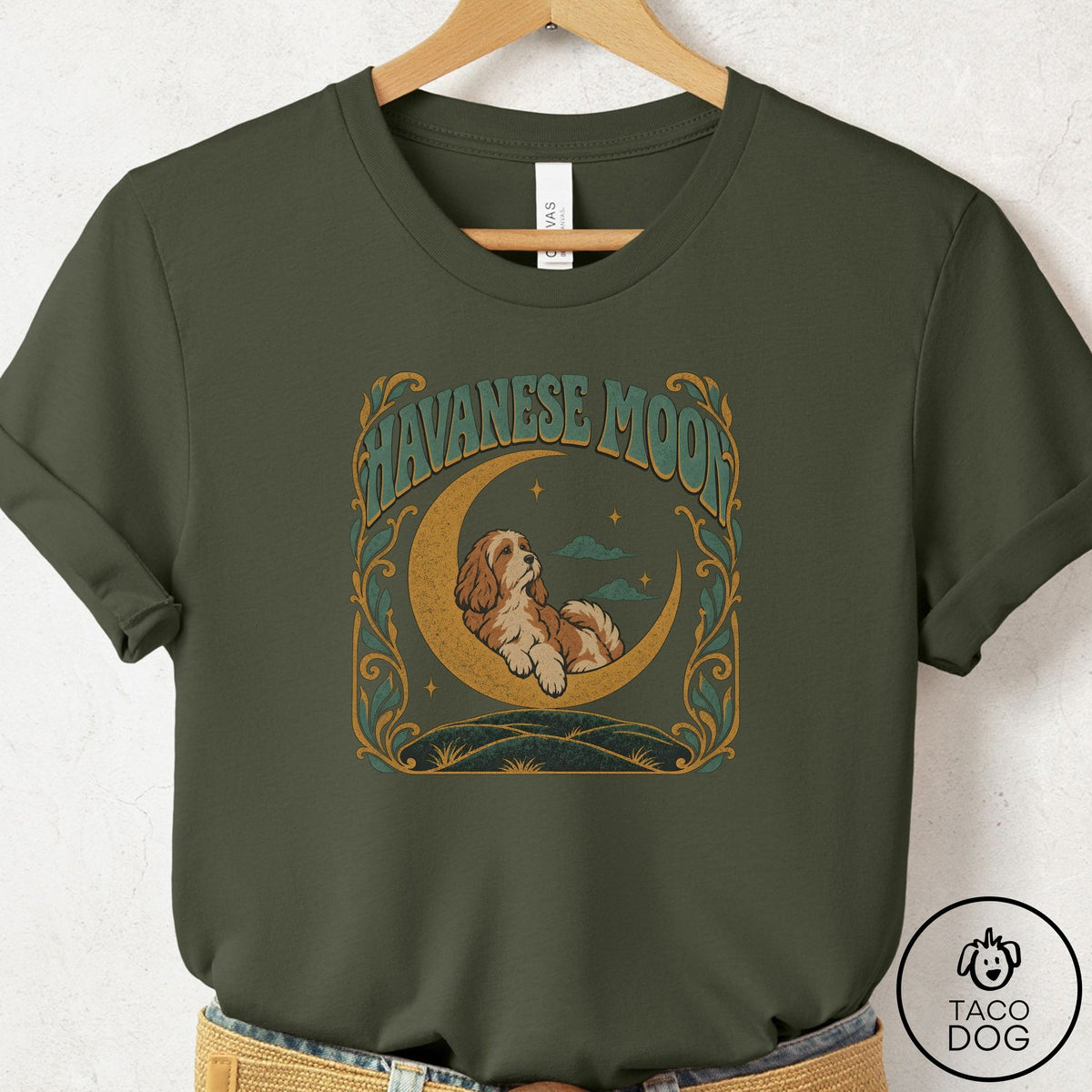 Havanese Crescent Moon T-Shirt Military Green Taco-Dog